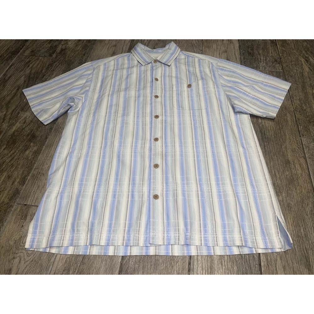 Tommy Bahama Button Up Shirt Mens Sz Large Ivory Blue Silk Blend shirt sleeve